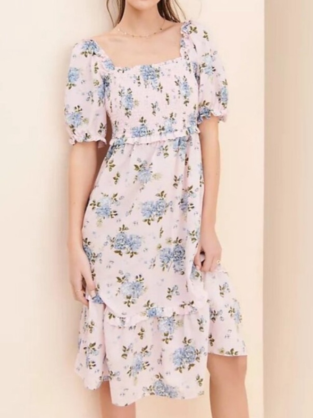 Gal Meets Glam Isabel Pink Blue Floral Midi Dress Smocked Bodice 4